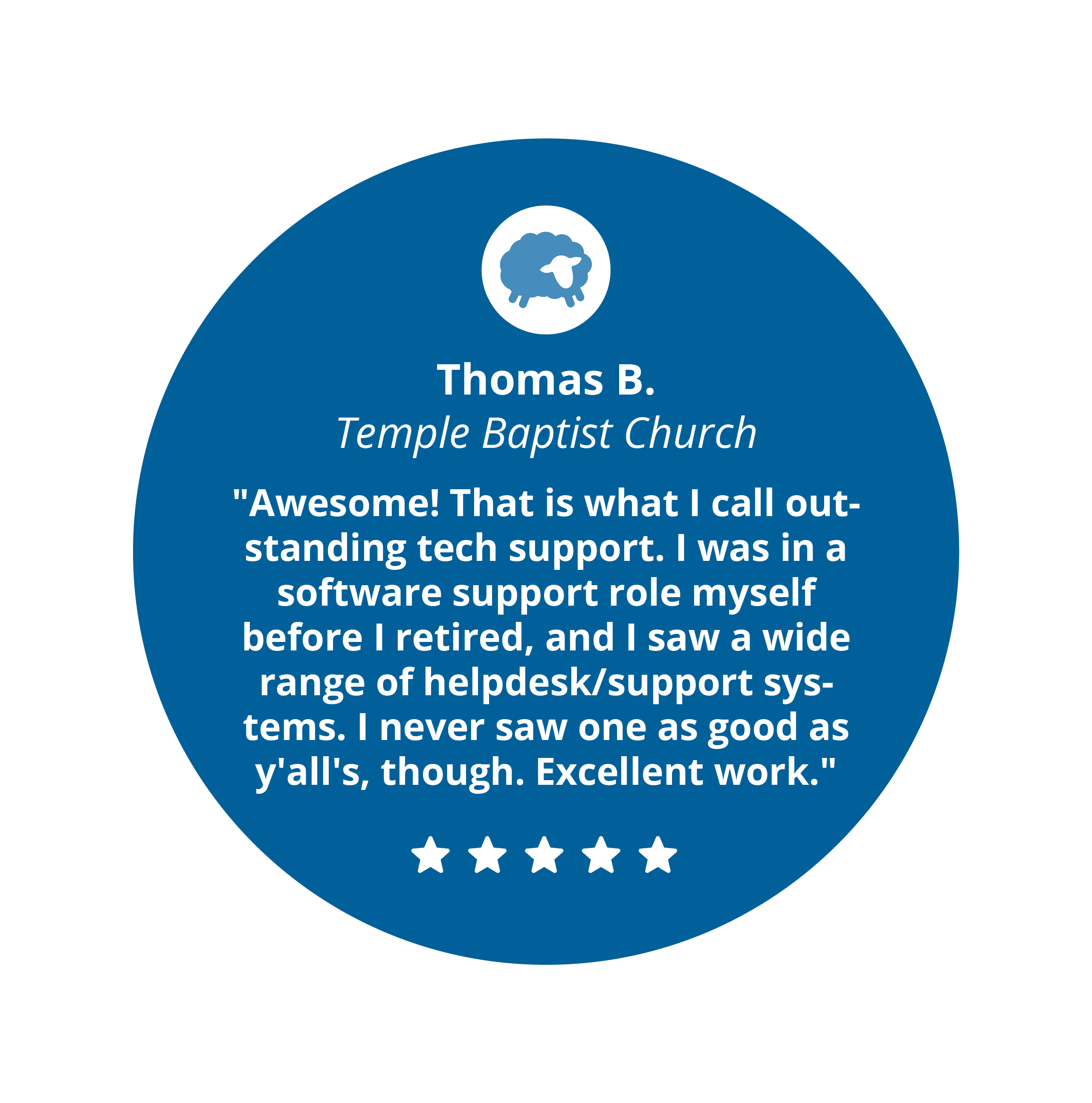 5 star review from Thomas B. from Temple Baptist Church, "Awesome! That is what I call outstanding tech support. I was in a software support role myself before I retired, and I saw a wide range of helpdesk/support systems. I never saw one as good as y'all's, though. Excellent work."