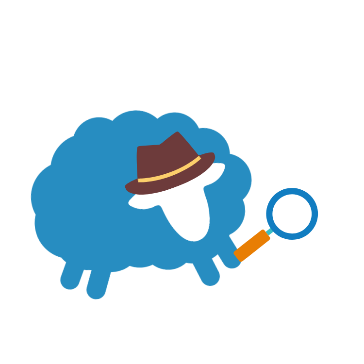A sheep wearing a detective hat and holding a magnifying glass