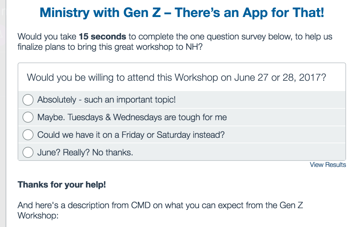 Example of the Diocese's Gen Z survey