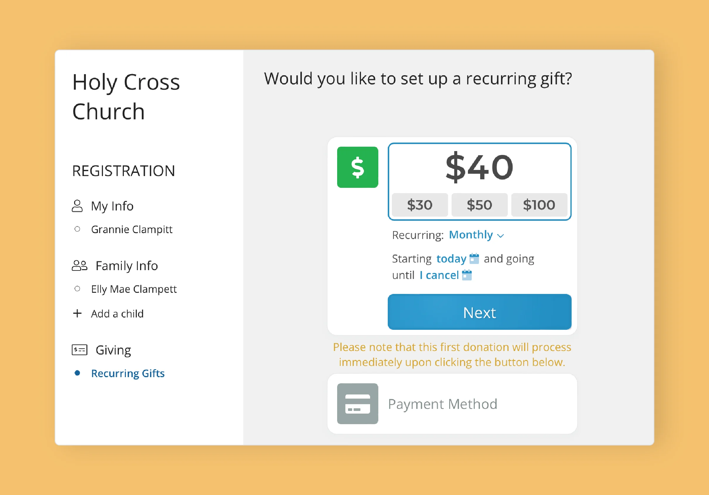 Member registration and adding a recurring gift